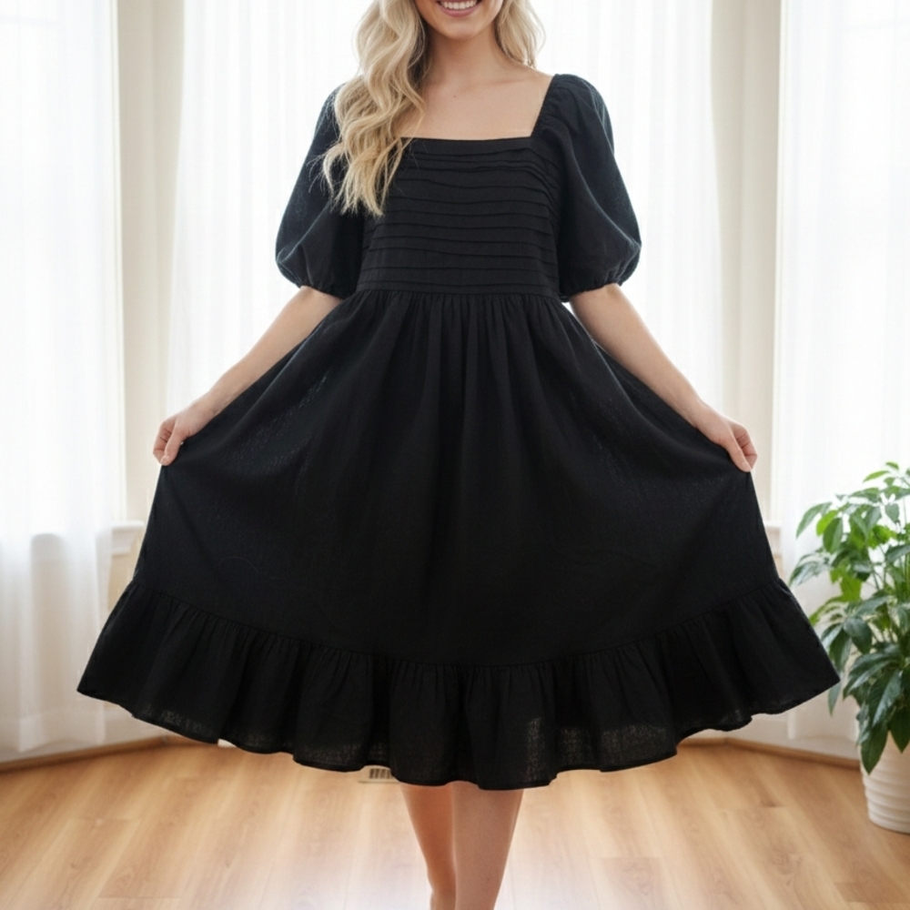 Abercrombie & Fitch Black Midi Dress with Puff Sleeves